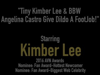 Tiny Kimber Lee & BBW Angelina Castro Give Dildo A FootJob!